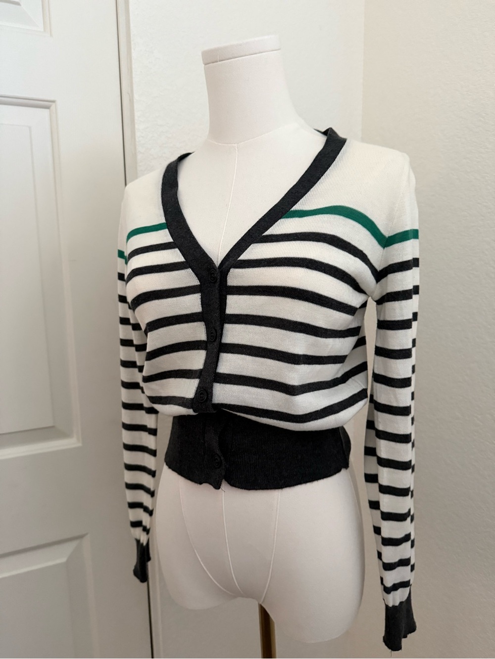 Striped V-Neck Cropped Sweater Cardigan - Black, White & Green